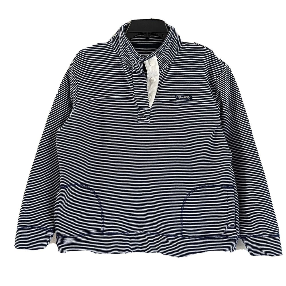 State of Mine Henley Pullover Size L High Neck Sweatshirt Striped Blue White FL